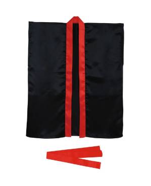 サテンハッピ袖なし(帯付)黒(襟赤)L