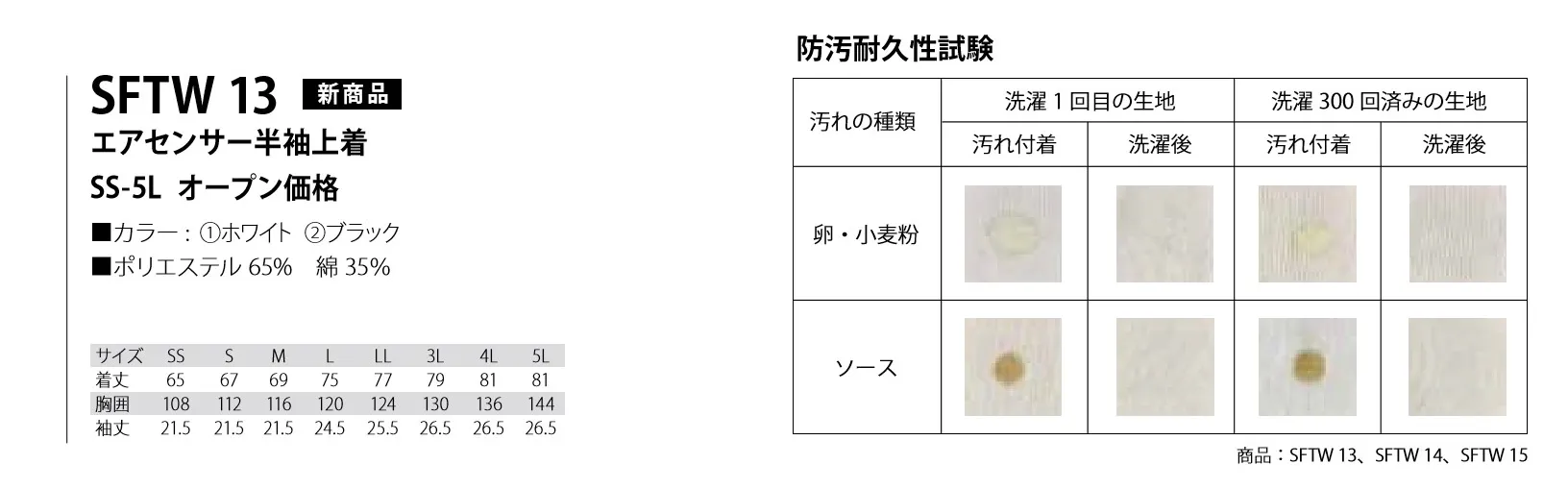 サカノ繊維 SFTW13 エアーセンサー半袖上着 ファン付きウェア AIR CONDITION WEAR・体毛防止加工袖・インナーカバー・左胸ポケット・衿:開け閉めしやすいドットボタンを採用・衿背面:背中から首にかけて立体的に風のとおりを良くするメッシュ夏場の厨房まわりにおける暑さ対策を目的とした、電動ファン付き白衣です。後ろ見頃の内側にファンを付け、裾の方向から首元へ風を誘導する通気空間を立体的に形成することでユニフォームの中に取り込まれた外気が通気空間を通り、襟から排気され熱を逃がします。 サイズ／スペック