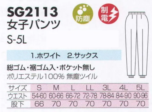 サカノ繊維 SG2113 女子パンツ 最先端の職場に、最先端の快適性と洗浄性能を高性能防塵衣SGシリーズ。パソコンなどに代表されるデジタル機器は日本の最先端産業として、チリやホコリの無いクリーンルームで生産されます。クリーンルームでは清浄性能はもちろん、環境に合わせた機能や快適性が求められます。バイオやサイエンス、スペーステクノロジーなど最先端の技術が生み出される環境は、急激に発展拡大を続けています。ワークフレンドのSGシリーズは、それぞれの環境に適合した機能と優れた快適性をご提案しハイレベルの防塵ユニフォームを提供しています。 サイズ／スペック