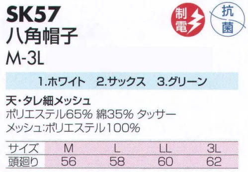 サカノ繊維 SK57 八角帽子 仕事に集中。ユニフォームへの信頼が、そうさせてくれる。食品工場用白衣「ワークフレンド」は優れたデザイン機能で、厳しい品質管理基準クリアを強力にバックアップします。 サイズ／スペック