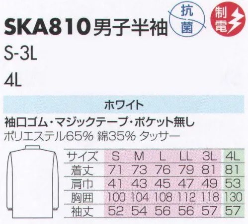 サカノ繊維 SKA810 男子半袖白衣 仕事に集中。ユニフォームへの信頼がそうさせてくれる。食品工場用白衣「ワークフレンド」は優れたデザイン機能で、厳しい品質管理基準クリアを強力にバックアップします。ゴミ、ホコリの発生、異物の脱落等を防止するために、機能重視のデザインでありながら、着用者のおしゃれごころを満足させるスマートさも追求しています。ムシ部分の脱落が起こらず、耐久性にも優れているコイルファスナーを採用しています。ゴミ、ホコリ、体毛などが襟元から外に出ないよう、襟を開けないスタンドカラーのデザインを採用しています。袖口からゴミ、ホコリ、体毛が落ちないよう、袖口には幅広の平ゴムやフライスを採用しています。ボタンは脱落の恐れがあるため使用していません。ゴミやホコリがたまり、異物混入の原因となる外ポケットは採用していません。 サイズ／スペック