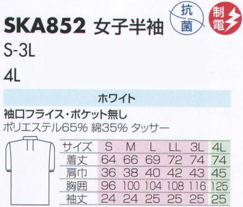 サカノ繊維 SKA852 女子半袖白衣 仕事に集中。ユニフォームへの信頼がそうさせてくれる。食品工場用白衣「ワークフレンド」は優れたデザイン機能で、厳しい品質管理基準クリアを強力にバックアップします。ゴミ、ホコリの発生、異物の脱落等を防止するために、機能重視のデザインでありながら、着用者のおしゃれごころを満足させるスマートさも追求しています。ムシ部分の脱落が起こらず、耐久性にも優れているコイルファスナーを採用しています。ゴミ、ホコリ、体毛などが襟元から外に出ないよう、襟を開けないスタンドカラーのデザインを採用しています。袖口からゴミ、ホコリ、体毛が落ちないよう、袖口には幅広の平ゴムやフライスを採用しています。ボタンは脱落の恐れがあるため使用していません。ゴミやホコリがたまり、異物混入の原因となる外ポケットは採用していません。 サイズ／スペック