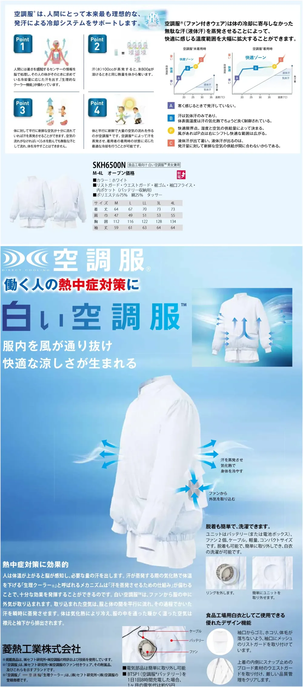 サカノ繊維 SKH6500N 食品工場向け 白い空調服（男女兼用）（ファン・バッテリー別売） サイズ・スペック