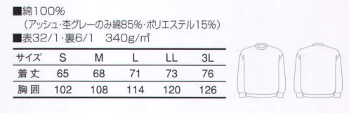 三愛 1500 裏毛トレーナー 襟、袖、裾には洗濯しても伸びにくい素材を使用。豊富なカラーバリエーションからお選び下さい。 ※「13 モスグリーン」は、販売を終了致しました。 サイズ／スペック