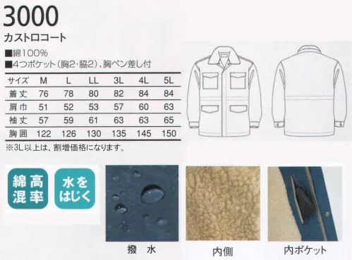 三愛 3000 カストロコート 機能充実の防寒着。綿100％のソフトな着心地。これからの防寒スタイル。 サイズ／スペック