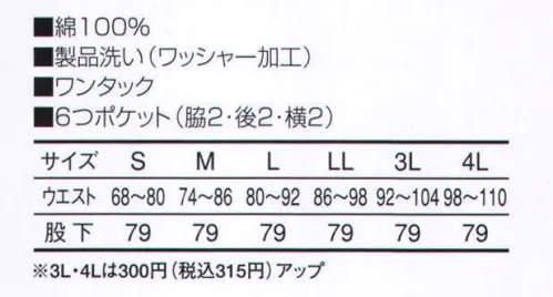 三愛 302 カーゴパンツ 夏場の作業に快適な綿100％の素材。 サイズ／スペック