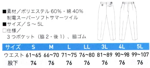 三愛 407 レディースパンツ スーパーソフトサマーツイルを使用した高コストパフォーマンスウェア。この製品は静電気帯電防止作業服用途生地として日清紡が開発した織物です。織り込まれた導電性繊維のコロナ放電により、織物上に発生した静電気を中和し、作業服に起因する静電気障害を予防します。 サイズ／スペック