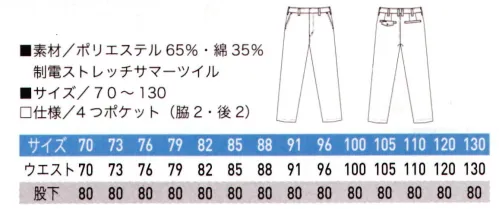 三愛 411 ノータックパンツ スーパーソフトサマーツイルを使用した高コストパフォーマンスウェア。○制電ストレッチサマーツイルナチュラルなストレッチ加工でソフトな風合いが特徴の素材です。※この商品につきましては、改良等により予告なく仕様変更することがございます。予めご了承ください。 サイズ／スペック