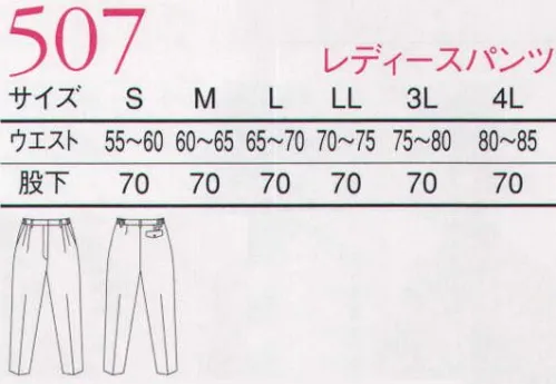 三愛 507 レディースパンツ 運動性、制電性、フィット感など、求められる全てのワークシーンの要素を兼ね備えた人気アイテムです。知り尽くす人びとの感性に応えるエコ素材、ACCORD「リサイクロス」 ※この商品は受注生産になる場合がございます。※受注生産品につきましては、ご注文後のキャンセル、返品及び他の商品との交換、色・サイズ交換が出来ませんのでご注意ください。 サイズ／スペック