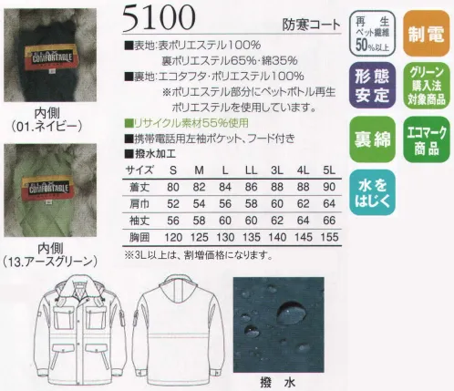 三愛 5100 防寒コート 地球にやさしいエコ素材を使用。。リサイクル繊維を使った機能的で着心地快適な防寒スタイル。 サイズ／スペック