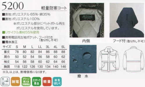 三愛 5200 軽量防寒コート 従来の保温性を維持しつつ軽量感をプラス。冬場の快適作業を実現。機能的で使いやすいデザイン。※「13 アースグリーン」は、販売を終了致しました。 サイズ／スペック