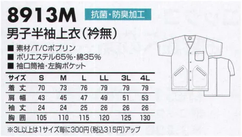 三愛 8913M 男子半袖上衣（ジャケット）（衿無） わたしたちは初心に戻り、新たな一歩を踏み出します。あらゆる無駄を省き、理想の品質・理想の価格、そして理想のデザインを実現させたい。そんな想いを込め、フランス語で「白い」という意味を持つ”ラ・ブランシェ＂という名前を白衣のブランドとして名付けました。現場の声に耳を傾け、より良い商品を提案していく。それが、わたしたちの白衣です。 サイズ／スペック