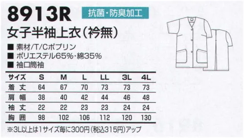 三愛 8913R 女子半袖上衣（ジャケット）（衿無） わたしたちは初心に戻り、新たな一歩を踏み出します。あらゆる無駄を省き、理想の品質・理想の価格、そして理想のデザインを実現させたい。そんな想いを込め、フランス語で「白い」という意味を持つ”ラ・ブランシェ＂という名前を白衣のブランドとして名付けました。現場の声に耳を傾け、より良い商品を提案していく。それが、わたしたちの白衣です。●センタープリーツ:腕の動きを妨げないセンタープリーツ仕様。 サイズ／スペック