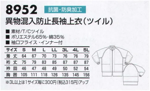 三愛 8952 異物混入防止長袖上衣（ツイル）（上着） わたしたちは初心に戻り、新たな一歩を踏み出します。あらゆる無駄を省き、理想の品質・理想の価格、そして理想のデザインを実現させたい。そんな想いを込め、フランス語で「白い」という意味を持つ”ラ・ブランシェ＂という名前を白衣のブランドとして名付けました。現場の声に耳を傾け、より良い商品を提案していく。それが、わたしたちの白衣です。やさしい着心地の異物混入防止服。衣服内側からの体毛落下防止と通気性を考慮しています。袖口内側にソフトで伸縮性のあるフライスを採用し、体毛等の衣服外落下を防ぎます。 サイズ／スペック