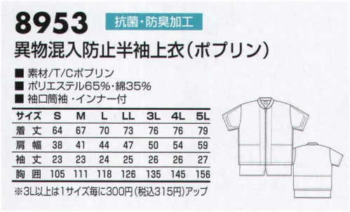 三愛 8953 男女兼用異物混入防止半袖上衣（ジャケット） わたしたちは初心に戻り、新たな一歩を踏み出します。あらゆる無駄を省き、理想の品質・理想の価格、そして理想のデザインを実現させたい。そんな想いを込め、フランス語で「白い」という意味を持つ”ラ・ブランシェ＂という名前を白衣のブランドとして名付けました。現場の声に耳を傾け、より良い商品を提案していく。それが、わたしたちの白衣です。●身頃ネット:衣類内側からの体毛混入防止と通気性を考慮しました。 サイズ／スペック