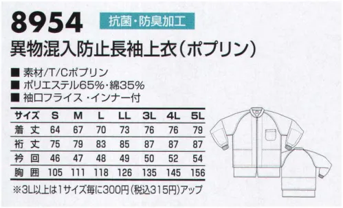 三愛 8954 男女兼用異物混入防止長袖上衣（ジャケット） わたしたちは初心に戻り、新たな一歩を踏み出します。あらゆる無駄を省き、理想の品質・理想の価格、そして理想のデザインを実現させたい。そんな想いを込め、フランス語で「白い」という意味を持つ”ラ・ブランシェ＂という名前を白衣のブランドとして名付けました。現場の声に耳を傾け、より良い商品を提案していく。それが、わたしたちの白衣です。●身頃ネット:衣類内側からの体毛混入防止と通気性を考慮しました。 サイズ／スペック