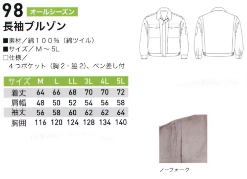 三愛 98 長袖ブルゾン 綿100％のやさしい肌触り。熱や磨耗に強く、鉄工・造船・機械などの火を使う職場で愛用されています。※「4ターコイズブルー」は、販売を終了致しました。 サイズ／スペック