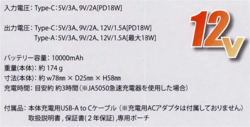 三愛 JA10001 コンパクトモバイルバッテリー（10000mAh） JOBSARMOR AIR BLOWシリーズ最新急速充電技術Power Delivery18W対応■商品内容バッテリー（本体）、専用ポーチ、本体充電用USB-Atoケーブル（ACアダプタ別売）、取扱説明書、保証書（2年保証）※この商品はご注文後のキャンセル、返品及び交換は出来ませんのでご注意下さい。※なお、この商品のお支払方法は、先振込(代金引換以外)にて承り、ご入金確認後の手配となります。 サイズ／スペック