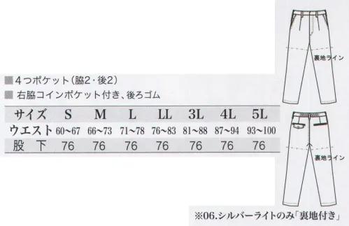 三愛 JA2309 ワンタックレディースパンツ 「常識」を超えるKINOU（機能）がひとつになるとき。綿は、かたく重い。そんな綿の常識が変わります。綿100％なのに、この柔らかさ。この肌触り。しかも、形態安定性がよく縮みも少ない。綿の信頼と安心を合わせ持つ、革新の2301Series、登場。クラボウ独自の液体アンモニウム加工（メリタトーン加工）により、綿の柔らかさと形態安定性の両面を実現した新世代ナチュラル素材。いままでの‟綿はカタイ、重い”のイメージを一新させた柔らかで光沢のある素材に変身。さらに、ユニフォームの課題である‟洗濯収縮”をも減少。みなさんを、これまでにないイージーメンテナンス性でサポートします。KINOU（機能）が、ひとつになるとき。ソフト（柔らかさ）と、形定性（形態安定加工）、この2つのKINOU（機能）が、今ひとつに。スタイリッシュな美脚パンツ●オリジナルメタルスナップ「JOBSARMOR」の刻印が入ったガンメタリック調のシブい金属ボタンが、さりげなく個性を演出します。●マルチベルトループ●コインポケット●パンツ透け防止裏地（06.シルバーライトのみ裏地付き）●女子パンツウエスト後ゴム サイズ／スペック