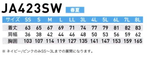 三愛 JA423SW マイクロリップストップベスト（ファン・バッテリー・スイッチケーブル別売） JOBSARMOR AIR BLOWシリーズ胸のスイッチで電源ON/OFFと風量調整が可能。首元の風抜けを高め、涼しい仕様。※ネイビー/ピンクのみSS～3Lまでの展開になります。※ファン・バッテリー・スイッチケーブルは、別売りとなります。 サイズ／スペック