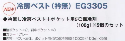 三愛 EG3305 冷房ベストパック（衿無し） 5度保冷剤 衿付き冷房ベスト＋保冷剤100グラム×5個のセットパック。5度の保冷効果を持続します。熱中症対策に最適！着るだけで、ひんやり冷房感！ 凍らさなくても、濡らさなくてもOKだから、いつでも使える。繰り返し何度でも使えて、どんな天候でも使用可能。 ベスト内側のポケットより保冷剤の装着ができ、手軽に交換可能。脇ベルトの調節で、身体にフィットさせることが出来ます。メッシュなので軽くて通気性も抜群です。 サイズ／スペック