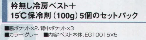 三愛 EG3315 冷房ベストパック（衿無） 15度保冷剤 厳しい猛暑を乗り切る冷房ベスト！レベルアップしたひんやり感。15度（保冷剤）バージョン登場。 ※夏に活躍「4つの特長」:衿付き・衿無しが選べます。メッシュなので軽くて通気性抜群！最大5ヶ所に保冷剤装着可能。追加の保冷剤も1個から購入可能。 ※「EG FREEZ（イージーフリーズ）」は、炎天下の屋外作業やエアコンの使えない室内作業など、夏場の過酷な高温環境現場で活躍するオリジナルユニフォームです。ユニフォームの内側に「冷房パッケージ」を装着しているため、着るだけでひんやりとした冷房効果を実感できるとともに、軽くてフィット感も抜群！安全性はもちろん健康的かつ快適な作業環境を実現します。●熱中予防に ●高温環境の作業に ●作業環境の省エネに ※冷房パッケージはカンタンに着脱可能。繰り返し何度も使えて経済的です。使い方→1．冷房パッケージを冷やす:冷蔵庫で30分。またはクーラーボックスや冷房の効いた室内（15度以下）で凝固（ゲル状化）させておきます。 2．冷房パッケージをつける:作業現場の温度や体温によって保冷効果の持続時間は異なりますが、最大2時間、少なくても45～90分程度の保冷効果を実感できます。 3．冷房パッケージを取り替える:替え用の蓄冷剤とクーラーボックスなどの断熱箱を併用すると、持ち運びに便利で長時間の使用が可能となります。 サイズ／スペック