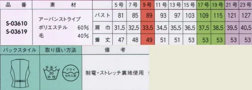 セロリー S-03610 ベスト 2つの顔をもつ好印象ジャケット あなたはクール派？それともカワイイ派？今熱い注目を集める「TIOTIO」と「FLEXILA」のコラボ素材でつくる、好印象の着こなし。テイストの異なる2タイプをご紹介します。 ＋ばつぐん動き ＋しなやか軽い ＋抗菌防臭 かわいくって至近キョリでも平気！＋軽くしなやか アクティブに動き日はカッコ良く。＋ばつぐん動きキモチさわやかに、軽やかに。TIOTIOフレクシーラ誕生。 空気のチカラで抗菌・消臭するから体に安心！新しく変わる、広がる抗菌防臭機能に！オフィスで欠かせない“動きやすさ”と“しなやかさ”をプラス！ ＋ばつぐん動き:のびやかにフィットしてイキイキ行動派レディを応援。シワになりにくく、のびやかな動きと美しさを追求したストレッチを人気機能「TIOTIO」にプラスオン。気になるニオイを解消しながら、どんな動きにも心地よくフィット。しかもシルエットを最大限キレイに見せてくれます。  ＋しなやか軽い:驚くほど軽くて着心地満点！いつもキレイな印象に。着ていることを忘れてしまいそうな軽さとしなやかさを併せ持つ「FLEXILA」と、抗菌・防臭・防汚の3大機能を備えた「TIOTIO」が究極のコラボを実現。朝のキレイなシルエットを夕方までキープできます。  ＋抗菌防臭:年中清潔、年中快適で部屋干ししてもニオわない！空気中の酸素や水分と反応して雑菌等の繁殖をおさえ、気になるニオイを軽減。光の届かないくらい場所（ロッカー内など）でも、24時間効果が持続します。さらに、洗濯時に汚れを落ちやすくする防汚加工で、お手入れもラクラク。 サイズ／スペック