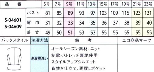 セロリー S-04601 ベスト 1日中リラックスして過ごせる軽快な着心地。さり気ない千鳥柄が､シンプルな働く服の印象度を高めます。・ベーシックな千鳥柄をランダムにアレンジ・上質かつ軽快なふくらみのある糸を使用・着こなしに表情を与える色使い・気になるニオイやウイルスから守るTioTioプレミアム加工・洗濯機で気軽に洗えるイージーケア伸びるニット素材伸縮性にすぐれているため、身体には心地よくフィット。動きやすく快適な着心地です。・大容量「Lポケ」デザイン大きな小物もすっぽり入る、かがんでも落ちにくい「Lポケ」デザイン。横型の袋布を採用し大容量に進化。 サイズ／スペック