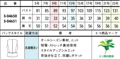 セロリー S-04650-B ベスト　21号～23号 RELAX， BEAUTY AND UTILITY目で伝わる上質さ。働くどんな動作にもやさしく寄り添うニットの実力を実感して！きちんと見えとリラックス感、どちらも欲張れる実力派のニット素材PLATINUM BLACK大人にこそ似合う、凛とした黒。合わせるアイテム次第で、甘くも辛くも【プラチナニット】艶やかな質感がエレガントな印象。適度なハリ感としなやかな風合いが仕立て映え。素材POINT・回収ペットボトルなどを粗原料とした「再生ポリエステル」素材を採用・杢調の糸と環境に配慮した再生糸を使用。・艶感のあるシックな千鳥格子柄。・柔軟性に富んだ上質ニット。伸びるニット素材伸縮性に優れているため身体に心地よくフィット。動きやすく快適な着心地です。●後ろペプラムデザイン…気になる腰周りをふわっとカバーしながら、ウエスト位置を高く見せてくれるペプラムデザインを採用。●大容量「Lポケ」デザイン…大きな小物もすっぽり入る、かがんでも落ちにくい「Lポケ」デザイン。横型の袋布を採用し大容量に進化。◆セロリーのニット Selery'sKnit◆着疲れしないのが一番！セロリーならではのニットの本領発揮！今ではあたりまえのニット素材のユニフォームを、技を結集して業界で初めて採用したセロリー。その後も50年以上研究を重ね、使用する糸種、編み方、パターンなど、快適さにとことんこだわり、多彩な商品へと進化し続けています。 サイズ／スペック