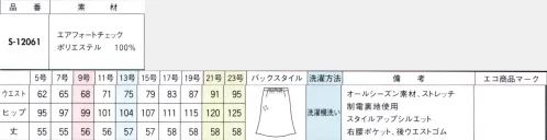 セロリー S-12061 Aラインスカート（56cm丈） やわらかなウールタッチ素材の上品な風合いと快適な着心地。保温性にもすぐれ、話題の清潔加工も。新開発のポリエステル素材を使用し、ふんわりやわらかなウールタッチの素材感でストレスフリーな着心地を実現。本効果がありながら、着心地は軽やか。さらにニオイや菌・ウイルスを寄せ付けない清潔加工TioTio®プレミアムを施しました。自宅で手軽に洗えて、乾きもスピーディ。きれいな表面感とさりげなく浮かぶウィンドペン柄で、新鮮な着こなしに。●ハイブリッド触媒TioTioプレミアム毎日洗いたくても洗えないユニフォームだからこそ、縫いだ後に抗菌・消臭・抗ウイルスの4大効果が期待できる「TioTioプレミアム®」素材を取り入れたいもの。「一挙4得」もの清潔機能は、ロッカー内のような暗い場所でも驚きの効果を発揮します。それは次の袖を通す時に実感できることでしょう。●防汚「汚れが落ちやすい！」付いた汚れも洗えばさっぱりキレイ！花粉などもはたけばほとんど落ちるので室内への持ち込みを抑えます。●抗菌「細菌の増加を抑える！」湿気のたまりやすいロッカーの中でも細菌の増殖をブロック！いつでも清潔な状態をキープしてくれます。●抗ウイルス「特定のウイルスの数を減少！」繊維上に付着した特定のウイルスの数を減少させます。会社での集団感染に注意したい季節にもぴったり！※病気の治療、予防を保証するものではありません。●消臭「ニオイが気にならない！」衣類についた汗やタバコなどのイヤなニオイの中でも原因臭を分解します。 サイズ／スペック