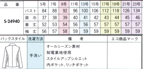 セロリー S-24940 ジャケット ハイブリッド触媒TioTioプレミアム毎日洗いたくても洗えないユニフォームだからこそ、縫いだ後に抗菌・消臭・抗ウイルスの4大効果が期待できる「TioTioプレミアム®」素材を取り入れたいもの。「一挙4得」もの清潔機能は、ロッカー内のような暗い場所でも驚きの効果を発揮します。それは次の袖を通す時に実感できることでしょう。●防汚「汚れが落ちやすい！」付いた汚れも洗えばさっぱりキレイ！花粉などもはたけばほとんど落ちるので室内への持ち込みを抑えます。●抗菌「細菌の増加を抑える！」湿気のたまりやすいロッカーの中でも細菌の増殖をブロック！いつでも清潔な状態をキープしてくれます。●抗ウイルス「特定のウイルスの数を減少！」繊維上に付着した特定のウイルスの数を減少させます。会社での集団感染に注意したい季節にもぴったり！※病気の治療、予防を保証するものではありません。●消臭「ニオイが気にならない！」衣類についた汗やタバコなどのイヤなニオイの中でも原因臭を分解します。 ※21・23号は受注生産になります。※受注生産品につきましては、ご注文後のキャンセル、返品及び他の商品との交換、色・サイズ交換が出来ませんのでご注意くださいませ。※受注生産品のお支払い方法は、前払いにて承り、ご入金確認後の手配となります。 サイズ／スペック