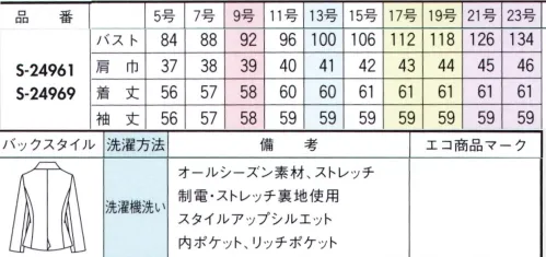 セロリー S-24961 ジャケット 英国トラッドな季節とシックに調和する小粋なバーズアイチェック秋冬になじむニュアンスカラー×大柄のバーズアイチェックで気分も着こなしも軽やか。ストレッチ素地が生むソフトな風合い、仕立て映えの良さで、多彩なコーディネートが楽しめます。気になるニオイや汚れから守るTioTio®プレミアム加工、洗濯機で気軽に洗えるのも魅力です。●ハイブリッド触媒TioTioプレミアム毎日洗いたくても洗えないユニフォームだからこそ、縫いだ後に抗菌・消臭・抗ウイルスの4大効果が期待できる「TioTioプレミアム®」素材を取り入れたいもの。「一挙4得」もの清潔機能は、ロッカー内のような暗い場所でも驚きの効果を発揮します。それは次の袖を通す時に実感できることでしょう。●防汚「汚れが落ちやすい！」付いた汚れも洗えばさっぱりキレイ！花粉などもはたけばほとんど落ちるので室内への持ち込みを抑えます。●抗菌「細菌の増加を抑える！」湿気のたまりやすいロッカーの中でも細菌の増殖をブロック！いつでも清潔な状態をキープしてくれます。●抗ウイルス「特定のウイルスの数を減少！」繊維上に付着した特定のウイルスの数を減少させます。会社での集団感染に注意したい季節にもぴったり！※病気の治療、予防を保証するものではありません。●消臭「ニオイが気にならない！」衣類についた汗やタバコなどのイヤなニオイの中でも原因臭を分解します。 ※21・23号は受注生産になります。※受注生産品につきましては、ご注文後のキャンセル、返品及び他の商品との交換、色・サイズ交換が出来ませんのでご注意くださいませ。※受注生産品のお支払い方法は、前払いにて承り、ご入金確認後の手配となります。 サイズ／スペック