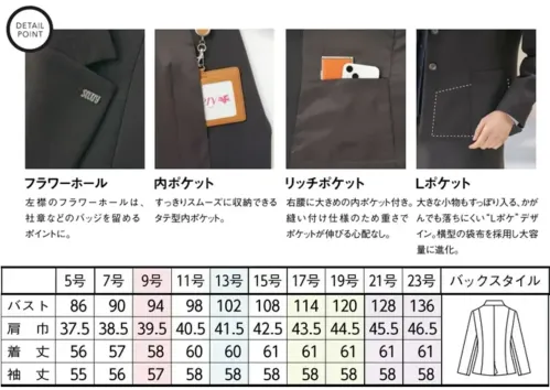 セロリー S-25299 ジャケット S-25299 ジャケット素肌に溶け込む。これまでよりもっと軽く、なめらかに。驚くほど軽やかでストレスフリーな着心地を実現。高機能な4種の糸を使い、奥行きのあるストライプ柄を表現しました。特徴●ストレッチ性、吸水速乾性を兼ね備えた糸を使用●環境に配慮した再生ポリエステル糸を使用●織物の様なストライプ柄を表現したオリジナル素材●軽やかで滑らかな質感が特徴●左襟のフラワーホールは、社章などのバッジを留めるポイントに。●すっきりスムーズに収納できるタテ型内ポケット。●右腰に大きめの内ポケット付き。縫い付け仕様のため重さでポケットが伸びる心配なし。●台襟をなくし襟周りをすっきり軽く、カラークロスを使用することによって美しさときちんと感をキープ。●体型を自然にカバーし、美しく見せるこだわり設計。動きやすさと美しさを両立し、すべてのサイズで快適な着心地を実現。※21・23号は受注生産になります。※受注生産品につきましては、ご注文後のキャンセル、返品及び他の商品との交換、色・サイズ交換が出来ませんのでご注意くださいませ。※受注生産品のお支払い方法は、前払いにて承り、ご入金確認後の手配となります。仕様品番:S-25299品名:ジャケット サイズ／スペック