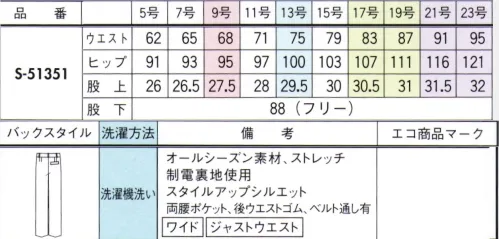 セロリー S-51351 パンツ（ワイド） 知的な雰囲気漂うネイビーのセットアップは2タイプのパンツで今どきの美脚スタイル。好印象のスーツスタイルを自在に着回して。【大人シルエットのワイドパンツ】ラクチンなはき心地はもちろんのこと、体型カバーもこなれ感もかなえてくれるワイドシルエットで今っぽさと女らしさを両立し、ぐっと大人な洗練コーデが成立。通勤もオフィスも、プライベートまで幅広く活躍！まるで空気のように軽い着心地を実現！薄手なのに、ふんわりと包みこむような暖かさ。やわらかな風合いとしなやかなストレッチ性をそなえ、空気のように軽くまとえる上質な起毛素材。ふわっとウールタッチの素材感を紡ぎ出す、セロリー新開発のポリエステル100％「エアフォート糸」を使用しています。これからの季節にうれしい保温効果もあり、菌・ウイルスはもちろんニオイや汚れの悩みも解決する清潔加工を施しました。 ※21・23号は受注生産になります。※受注生産品につきましては、ご注文後のキャンセル、返品及び他の商品との交換、色・サイズ交換が出来ませんのでご注意くださいませ。※受注生産品のお支払い方法は、前払いにて承り、ご入金確認後の手配となります。 サイズ／スペック