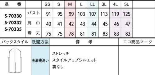 セロリー S-70330 ロングベスト リネンライク ストレッチロングベストリネンのような風合いを持ちつつ、シワになりにくいポリエステル100％のロングベストです。優れたストレッチ性と洗練されたデザインで、動きやすさと上品なイメージを両立しました。着回しやすいベーシックカラー展開で、ビジネスからカジュアルまで幅広く活躍します。特徴・リネンライクな風合いで上質な質感を実現・シワになりにくく、洗練されたイメージをキープ・ストレッチ素材採用で動きやすさを確保・着るだけでスタイルアップできるすっきりとしたシルエット・豊富なポケットで小物の収納も便利・第一ボタンを留めるだけで美しいラインを演出・後ろベンツ入りで動きやすく快適な着心地仕様・品番:S-70330・カラー:ブラックイギリス、そして世界に知られる洗練のフラワーデザインブランド1982 年、ロンドンの中心街であるウェストエンドにジェーン・パッカーが開いたフラワーショップが『JANE PACKER』の始まりです。ジェーンは斬新で革新的なアイデアにより、それまでの型にはまった保守的な慣習に立ち向かい、「花はファッションやインテリア・デザインと同じように、エキサイティングでありながら、より身近なものである」と唱え、瞬く間にモダンフラワーデザイン界の最前線に立ちました。映画界やファッション界の巨匠をはじめ、世界中のセレブリティから愛され、洗練されたそのクリエーションを収めた著書も15 冊にもおよび、トップ・フラワーデザイナーのひとりとして、世界で広く知られています。残念ながらジェーンは2011 年に若くして亡くなりますが、前衛的で既成概念に囚われないそのスタイルは脈々と受け継がれています。※4L、5Lは受注生産になります。※受注生産品につきましては、ご注文後のキャンセル、返品及び他の商品との交換、色・サイズ交換が出来ませんのでご注意ください。※受注生産品のお支払い方法は、前払いにて承り、ご入金確認後の手配となります。 サイズ／スペック