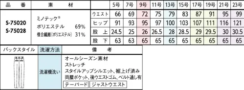 セロリー S-75020-B パンツ（テーパードタイプ 裾上げ済み）　17号～19号 脅威の撥水パンツ登場！【MINOTECH®】使用。新発想の撥水素材！撥水は「はじく加工」から「受け流す素材」へシフト「撥水加工」にありがちなゴワつきがなく、服内部もムレにくいので梅雨の時期だけではなく独自の生地構造で表面に付いた水滴を滑らせて、即座に落下させてしまうユニークな撥水ファブリック。一年中快適に着られるスカートです。シルキーマットな表面感もうれしいポイント。今までのこんな悩みに…「雨や手洗いの水滴が染み込んで濃くなるのがイヤ～」「コーティングされた撥水加工は湿気が中に籠って暑い。。」「水ハネに、後から気付くとシミになっている無地素材…！」スソ上げ済みですぐ着られる！！（裾上げしていないフリーサイズはS-75030となります）伸縮性のあるイージーな履き心地。センタープレスできちんと感を後押し●スマートゴムウエスト見た目はフラットなスマートゴムで、腰回りをキレイに快適フィット！●裏地下着のラインが気になるおしり周りは、裏地でカバー組み合わせ次第で印象自在なコントラストを楽しむ美人見えモノトーンシンプルなアイテムこそ機能美を追求■JANEPACKER（ジェーン・パッカー）■今までのユニフォームでは無かった概念への挑戦が可能にJANE PACKER と、セロリーが出逢い、JANE PACKER の色味を統一したカラーテクニックや可憐なフラワーデザインを取り入れることで、洗練された印象へと導く大人スタイルが完成。今までのユニフォームには無かった概念へのさらなる挑戦が可能となり、セロリーのモノ作りやスタイリングを、さらに進化させます。※「ミノテック®」および「MINOTECH®」は帝人フロンティア(株)の登録商標です。※21号、23号は受注生産になります。※受注生産品につきましては、ご注文後のキャンセル、返品及び他の商品との交換、色・サイズ交換が出来ませんのでご注意ください。※受注生産品のお支払い方法は、前払いにて承り、ご入金確認後の手配となります。 サイズ／スペック