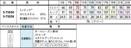 セロリー S-75030 パンツ（テーパードタイプ 裾フリー） 脅威の撥水パンツ登場！【MINOTECH®】使用。新発想の撥水素材！撥水は「はじく加工」から「受け流す素材」へシフト「撥水加工」にありがちなゴワつきがなく、服内部もムレにくいので梅雨の時期だけではなく独自の生地構造で表面に付いた水滴を滑らせて、即座に落下させてしまうユニークな撥水ファブリック。一年中快適に着られるスカートです。シルキーマットな表面感もうれしいポイント。今までのこんな悩みに…「雨や手洗いの水滴が染み込んで濃くなるのがイヤ～」「コーティングされた撥水加工は湿気が中に籠って暑い。。」「水ハネに、後から気付くとシミになっている無地素材…！」伸縮性のあるイージーな履き心地。センタープレスできちんと感を後押し●スマートゴムウエスト見た目はフラットなスマートゴムで、腰回りをキレイに快適フィット！●裏地下着のラインが気になるおしり周りは、裏地でカバー組み合わせ次第で印象自在なコントラストを楽しむ美人見えモノトーンシンプルなアイテムこそ機能美を追求■JANEPACKER（ジェーン・パッカー）■今までのユニフォームでは無かった概念への挑戦が可能にJANE PACKER と、セロリーが出逢い、JANE PACKER の色味を統一したカラーテクニックや可憐なフラワーデザインを取り入れることで、洗練された印象へと導く大人スタイルが完成。今までのユニフォームには無かった概念へのさらなる挑戦が可能となり、セロリーのモノ作りやスタイリングを、さらに進化させます。※「ミノテック®」および「MINOTECH®」は帝人フロンティア(株)の登録商標です。※21号、23号は受注生産になります。※受注生産品につきましては、ご注文後のキャンセル、返品及び他の商品との交換、色・サイズ交換が出来ませんのでご注意ください。※受注生産品のお支払い方法は、前払いにて承り、ご入金確認後の手配となります。※この商品は股下フリーのため、着用するには丈詰めが必要です。（裾上げ済みの商品はS-75020となります） サイズ／スペック