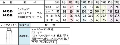 セロリー S-75048 パンツ（ワイドタイプ） 脅威の撥水パンツ登場！【MINOTECH®】使用。新発想の撥水素材！撥水は「はじく加工」から「受け流す素材」へシフト「撥水加工」にありがちなゴワつきがなく、服内部もムレにくいので梅雨の時期だけではなく独自の生地構造で表面に付いた水滴を滑らせて、即座に落下させてしまうユニークな撥水ファブリック。一年中快適に着られるスカートです。シルキーマットな表面感もうれしいポイント。今までのこんな悩みに…「雨や手洗いの水滴が染み込んで濃くなるのがイヤ～」「コーティングされた撥水加工は湿気が中に籠って暑い。。」「水ハネに、後から気付くとシミになっている無地素材…！」スソ上げ済みですぐ着られる！！着やせ効果が狙えるすっきり見えシルエット。両裾に施したベンツで足さばきも軽やかに。●スマートゴムウエスト見た目はフラットなスマートゴムで、腰回りをキレイに快適フィット！●裾ベンツ両サイドのベンツは、足さばきがよくもたつきも解消。●後ろポケット裏地レスでも下着が響かないように大きめ設計のお尻ポケット。組み合わせ次第で印象自在なコントラストを楽しむ美人見えモノトーンシンプルなアイテムこそ機能美を追求■JANEPACKER（ジェーン・パッカー）■今までのユニフォームでは無かった概念への挑戦が可能にJANE PACKER と、セロリーが出逢い、JANE PACKER の色味を統一したカラーテクニックや可憐なフラワーデザインを取り入れることで、洗練された印象へと導く大人スタイルが完成。今までのユニフォームには無かった概念へのさらなる挑戦が可能となり、セロリーのモノ作りやスタイリングを、さらに進化させます。※「ミノテック®」および「MINOTECH®」は帝人フロンティア(株)の登録商標です。※21号、23号は受注生産になります。※受注生産品につきましては、ご注文後のキャンセル、返品及び他の商品との交換、色・サイズ交換が出来ませんのでご注意ください。※受注生産品のお支払い方法は、前払いにて承り、ご入金確認後の手配となります。 サイズ／スペック