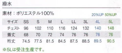 アイフォリー 62222 ブルゾン 小粋なブライトカラーで存在感を主張する撥水ブルゾン遠くからでもパッと目を引くおしゃれ配色の屋外スタイル。広い空間の中でも存在感を放つ、カラーブルゾン。シンプルなフォルムで落ち着きのある信頼感を与えます。屋外の現場で役立つ機能も満載！●チンフラップ＆スライダーキャップ仕事中あごに触れないよう、ファスナーの最上部をカバー。ファスナートップも弾力があり割れにくいゴム素材を採用。●フラップポケット左胸ポケットは中身が落ちにくいフラップ仕様。両脇には中身が落ちにくいファスナーポケットも。●裾スピンドルスピンドルひもを絞ることで手軽にシルエットやサイズの調節が可能。●撥水加工水滴をはじき、水分が染み込みにくい耐水性があります。●袖口リブ切り替え袖口内側をリブで切り替えているので、すっと腕まくりしやすく見た目スッキリ。※5Lは受注生産になります。※受注生産品につきましては、ご注文後のキャンセル、返品及び他の商品との交換、色・サイズ交換が出来ませんのでご注意ください。※受注生産品のお支払い方法は、先振込（代金引換以外）にて承り、ご入金確認後の手配となります。 サイズ／スペック