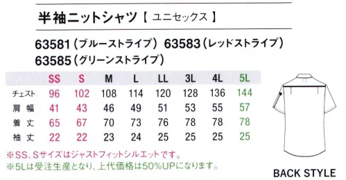 アイフォリー 63581 半袖ニットシャツ こだわりの人前ニットシャツ働く環境や作業内容を考え、着用者の着心地の良さと便利さをとことん追求したニットシャツが登場！どんな作業もストレスなくスムーズに行える動きやすさはもちろんのこと､きちんと見える工夫と、毎日のお仕事をサポートするうれしい機能がたくさん詰まったSKITTOの「人前シャツ」。「見られる仕事」だからこそ､こだわったきちんと見えるデザインと誰がどの色を着ても似合うよう、とことん追求した好感カラー。きちんと見えて、人前でのお仕事にぴったり！ノンストレスな着心地のこだわりニットシャツ動きやすくてつっぱらないぐ～んと伸びるニット素材シャツのきちんと感と、ニットの柔らかい着心地、どちらも欲張れる人前シャツ。身体の動きに合わせて生地が伸びるから、どんな動きもストレスフリー●スラッシュ縦ポケット前かがみでも落ちにくい縦口仕様の大容量ポケット。入館証もサッとしまる！●大きめボタン従来よりサイズを一回り大きくして、留め外しがよりスムーズに。「小さいから、掴みにくくて留めづらい」というお悩みを解消！急いでいても留めやすく、動いていても外れにくい。●左肩ペン差しポケットサッと取り出しやすい位置のペン差しポケットは使い勝手バツグン。配色当て布でペン先の汚れも気にならない！※SS、Sサイズは小柄な方にも程よくFITするジャストフィットシルエットです。※5Lは受注生産になります。※受注生産品につきましては、ご注文後のキャンセル、返品及び他の商品との交換、色・サイズ交換が出来ませんのでご注意ください。※受注生産品のお支払い方法は、前払いにて承り、ご入金確認後の手配となります。 サイズ／スペック