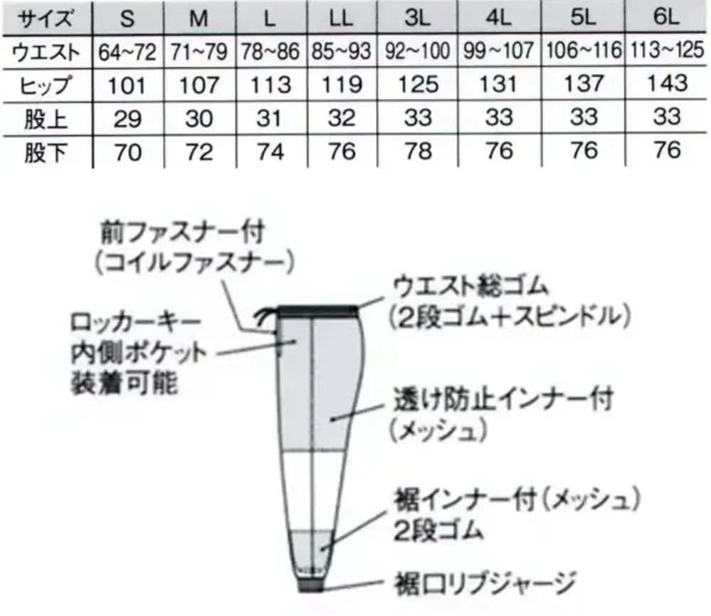 国立 HG2101W 男性用パンツ（ホワイト） サイズ・スペック
