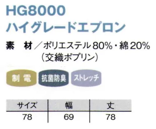 国立 HG8000 ハイグレードエプロン（10枚入） 金具を使わない布製エプロン。綿の割合が20％と少ない為、毛羽立ちも発生しにくくなっています。ポリエステル80％＋綿20％の優しい着心地！綿の混率が少なく制電糸（カーボン）も入っています。洋菓子工場様やパン工場様で使われています。衛生面を強化！金具不使用。  ※この商品は、ご注文後のキャンセル・返品・交換ができませんので、ご注意下さいませ。※なお、この商品のお支払方法は、先振込（代金引換以外）にて承り、ご入金確認後の手配となります。 サイズ／スペック