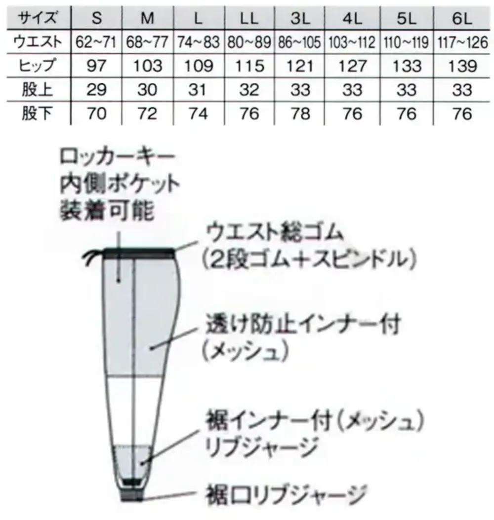 国立 MM201 男女兼用パンツ（ホワイト） サイズ・スペック