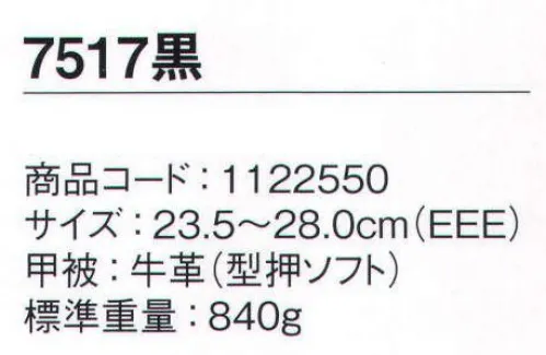 シモン 7517 7500シリーズ 短靴 履きやすさ、快適さを追求し続けるロングセラー安全靴●耐滑性に優れる（F合格）●1986年発売以来の安全靴の定番商品●ロングライフデザイン賞受賞※2021年3月より、仕様変更従来品:踵部厚み:6.5㎜・踏まず部素材:ラテックス・踏まず部厚み:1.5㎜新仕様:踵部厚み:5.5㎜・踵部、踏まず部素材:EVA・踏まず部厚み:4㎜※2021年8月生産分より、ランニングチェンジ予定。製品・サイズによって新旧混載出荷となります。従来品:内装⇒グレー新仕様:内装⇒ブラック※この商品は、ご注文後のキャンセル・返品・交換ができませんので、ご注意下さいませ。※なお、この商品のお支払方法は、先振込（代金引換以外）にて承り、ご入金確認後の手配となります。 サイズ／スペック