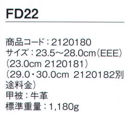 シモン FD22 FDシリーズ 中編上靴 ハードな現場で働く人々の安全を守る、合成ゴム底安全靴●靴底には耐薬品、耐油、耐熱性に優れた合成ゴム底を採用 ※あらゆる薬品に対して耐久性を有するものではありません●安定性と安全性を重視したモデル●女性用としても使用できるスモールサイズ有※2022年10月より順次、アッパーの革仕様を変更従来:FD革（スムス調）変更後:型押革に変更※この商品は、ご注文後のキャンセル・返品・交換ができませんので、ご注意下さいませ。※なお、この商品のお支払方法は、先振込（代金引換以外）にて承り、ご入金確認後の手配となります。 サイズ／スペック