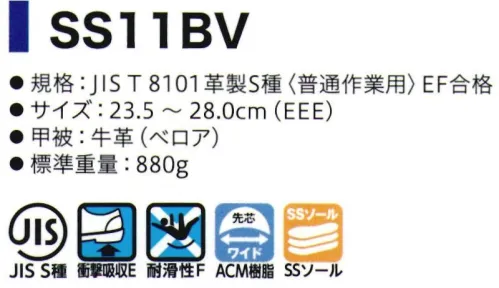 シモン SS11BV シモンスター 短靴 SX3層底SSソール耐滑性の優れるSX3層SSソールへ靴底が進化しました。●サスペンション・システム障害物を踏んだ部分のみ変形するサスペンションシステム。ゴムの硬度バランスの最適化で、衝撃を吸収する構造がより高い安定感を生み姿勢を崩すことによる滑りを防止。●Sライン・ブロック・パターン理想的な重心移動の「Sライン」を描くソールデザイン。歩行時に足圧がかかる部分の面積を大きくし、常に耐滑性と良好な安定感を発揮します。●接地面積が大きく、安定感に優れるフラットソール●靴底接合からの液体の侵入を防ぐプロテクトライン●靴底の優れた耐油性・耐薬品性（あらゆる薬品に対して、耐久性を有するものではありません）●優れたクッション性で疲労を軽減。※2020年より、ソールの仕様が変更になりました。※2021年3月より、仕様変更従来品:踵部厚み:6.5㎜・踏まず部素材:ラテックス・踏まず部厚み:1.5㎜新仕様:踵部厚み:5.5㎜・踵部、踏まず部素材:EVA・踏まず部厚み:4㎜※2021年8月生産分より、ランニングチェンジ予定。製品・サイズによって新旧混載出荷となります。従来品:内装⇒グレー新仕様:内装⇒ブラック※2022年4月生産分より、以下の仕様変更(1)SX3層底ソールカラー変更(シルバーグレー×グレー ⇒ シルバーグレー×シルバーグレー)(2)一般静電靴 環境区分変更(C3 → C2)(3)SSシリーズ JIS規格付加的性能取得高温熱伝導性(HI1)、甲温熱接触性(H)取得※2023年6月生産分より、以下の仕様変更従来品:白色の市革を縫製新仕様:白色の市革を除去※この商品はご注文後のキャンセル、返品及び交換は出来ませんのでご注意下さい。※なお、この商品のお支払方法は、先振込(代金引換以外)にて承り、ご入金確認後の手配となります。 サイズ／スペック