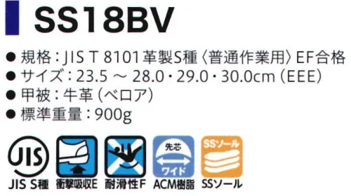 シモン SS18BV シモンスター 短靴 SX3層底SSソール耐滑性の優れるSX3層SSソールへ靴底が進化しました。●サスペンション・システム障害物を踏んだ部分のみ変形するサスペンションシステム。ゴムの硬度バランスの最適化で、衝撃を吸収する構造がより高い安定感を生み姿勢を崩すことによる滑りを防止。●Sライン・ブロック・パターン理想的な重心移動の「Sライン」を描くソールデザイン。歩行時に足圧がかかる部分の面積を大きくし、常に耐滑性と良好な安定感を発揮します。●接地面積が大きく、安定感に優れるフラットソール●靴底接合からの液体の侵入を防ぐプロテクトライン●靴底の優れた耐油性・耐薬品性（あらゆる薬品に対して、耐久性を有するものではありません）●優れたクッション性で疲労を軽減。※2020年より、ソールの仕様が変更になりました。※2021年3月より、仕様変更従来品:踵部厚み:6.5㎜・踏まず部素材:ラテックス・踏まず部厚み:1.5㎜新仕様:踵部厚み:5.5㎜・踵部、踏まず部素材:EVA・踏まず部厚み:4㎜※2021年8月生産分より、ランニングチェンジ予定。製品・サイズによって新旧混載出荷となります。従来品:内装⇒グレー新仕様:内装⇒ブラック※2022年4月生産分より、以下の仕様変更(1)SX3層底ソールカラー変更(シルバーグレー×グレー ⇒ シルバーグレー×シルバーグレー)(2)一般静電靴 環境区分変更(C3 → C2)(3)SSシリーズ JIS規格付加的性能取得高温熱伝導性(HI1)、甲温熱接触性(H)取得※2023年4月生産分より、以下の仕様変更従来品:白色の市革を縫製新仕様:白色の市革を除去※この商品はご注文後のキャンセル、返品及び交換は出来ませんのでご注意下さい。※なお、この商品のお支払方法は、先振込(代金引換以外)にて承り、ご入金確認後の手配となります。 サイズ／スペック