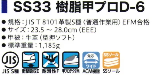 シモン SS33-D-6 甲プロ付 長編上靴 甲プロテクタ付重量落下物から足甲を守るJIS規格合格品（付加性能M)の安全靴SX3層底SSソールを搭載したベーシックタイプ障害物を踏む等の不安定になる状況においても、グリップ力を発揮するサスペンションシステムを搭載。かかとへの足圧を分散する「ヒールタイプ」適度なヒールの高さが足圧をバランスよく分散。また、中底のアーチ部を支えるシャンクが内蔵され、体重がかかっても靴のアーチ部が下がらず快適な履き心地をサポートします。グリップ力に優れた「ダイヤ型クリート・非対称パターン」非対称パターン、ダイヤ型クリートが複雑な動きに対して縦、横、斜めの滑りを防止。多彩なバリエーション様々な形状の安全靴の他、静電靴や甲プロテクタ付安全靴、耐熱作業用などのモデルを有し、多数の採用実績があります。●樹脂製甲プロテクターを搭載し、広い範囲で足を保護●JIS規格合格品（付加価値性能M）の安全靴●耐滑性の優れるSX3層底SSソールソールへ※2020年より、ソールの仕様が変更になりました。※2021年3月より、仕様変更従来品:踵部厚み:6.5㎜・踏まず部素材:ラテックス・踏まず部厚み:1.5㎜新仕様:踵部厚み:5.5㎜・踵部、踏まず部素材:EVA・踏まず部厚み:4㎜※2021年8月生産分より、ランニングチェンジ予定。製品・サイズによって新旧混載出荷となります。従来品:内装⇒グレー 靴紐⇒縞模様新仕様:内装⇒ブラック 靴紐⇒ドット柄※2022年4月生産分より、以下の仕様変更(1)SX3層底ソールカラー変更(シルバーグレー×グレー ⇒ シルバーグレー×シルバーグレー)(2)一般静電靴 環境区分変更(C3 → C2)(3)SSシリーズ JIS規格付加的性能取得高温熱伝導性(HI1)、甲温熱接触性(H)取得※この商品は、ご注文後のキャンセル・返品・交換ができませんので、ご注意下さいませ。※なお、この商品のお支払方法は、先振込（代金引換以外）にて承り、ご入金確認後の手配となります。 サイズ／スペック