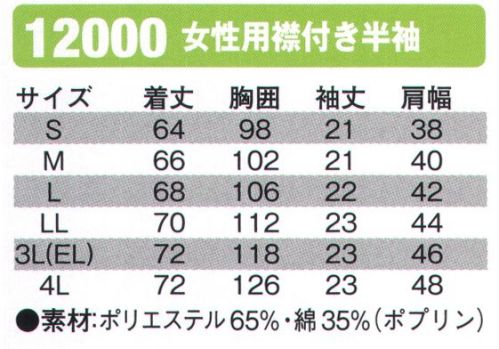 シンメン 12000 女性用襟付き半袖  サイズ／スペック