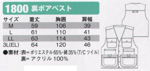 シンメン 1800 裏ボアベスト  サイズ／スペック